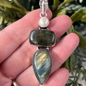 Fiery Labradorite & Pearl Gemstone 2.5” Silver Pendant